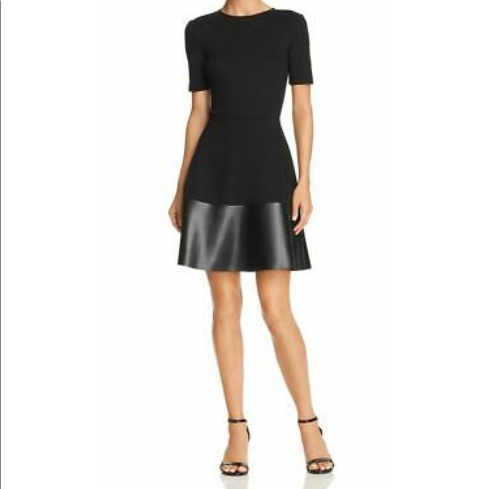 AQUA Black Faux Leather Hem LBD